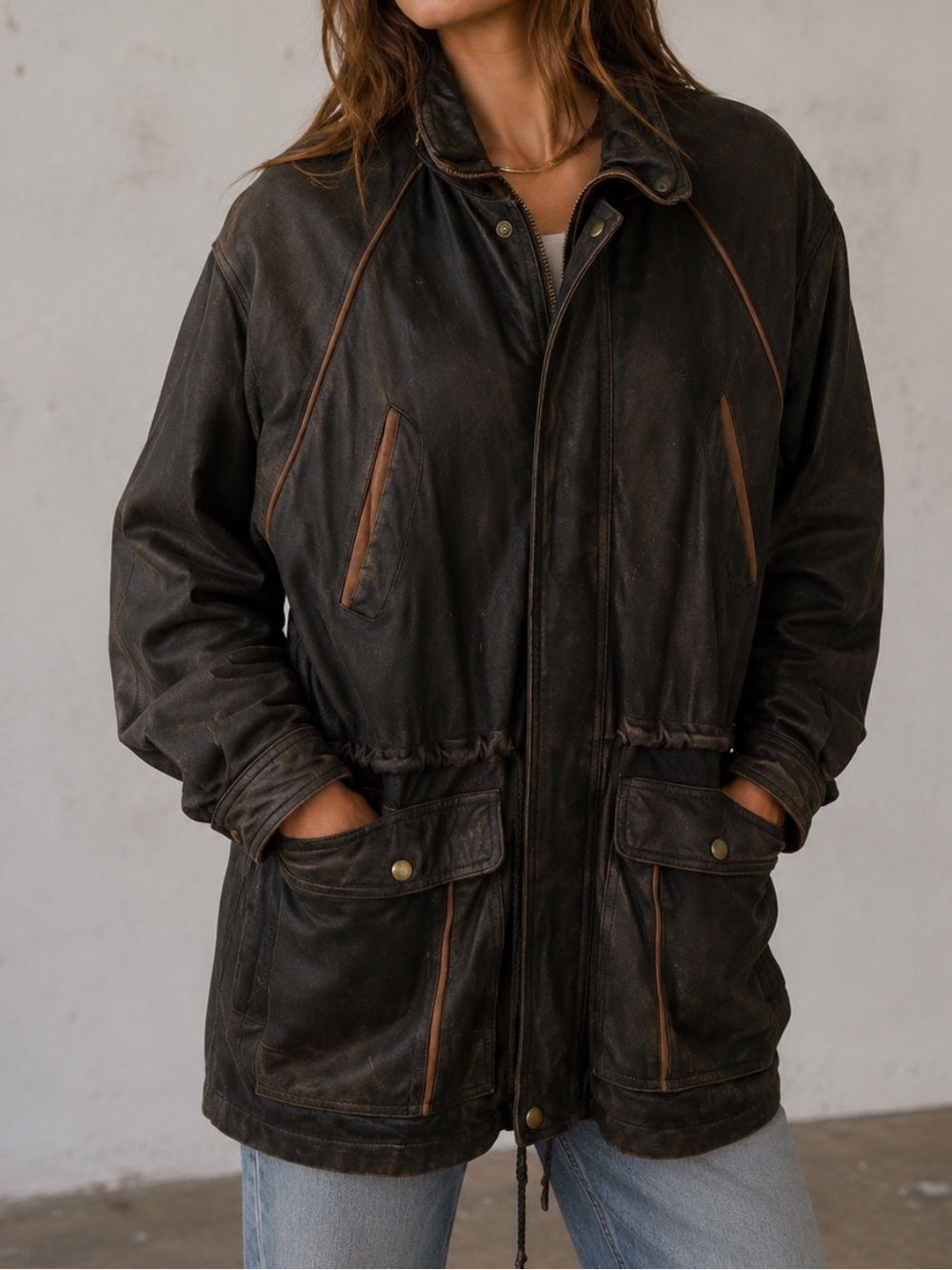 LEATHER WAREHOUSE Vintage 90’s Leather Anorak Jacket Oversized Medium